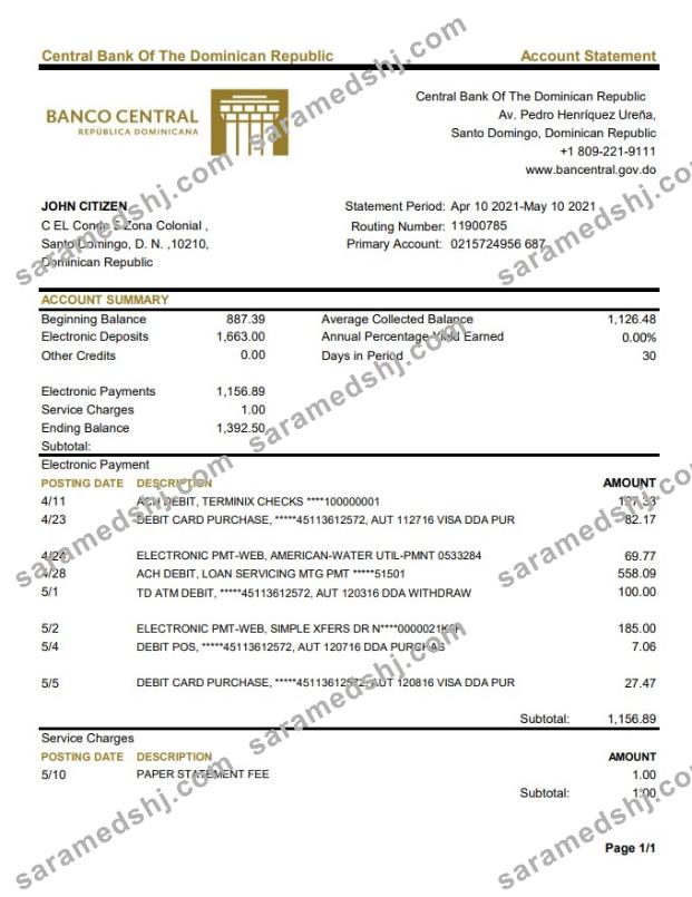 Dominican Republic Central Bank Of The Dominican Republic bank statement template in Excel and PDF format